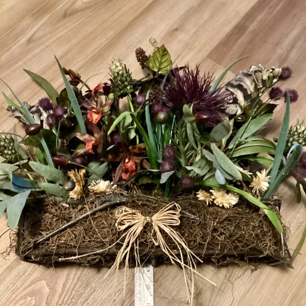 Grapevine Wall or Table Arch Basket w/ Red Purple Blue Green Florals and Raffia